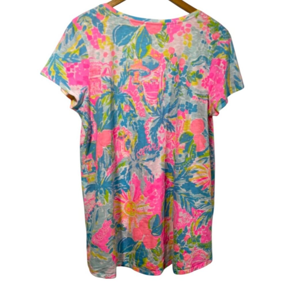 Lilly Pulitzer Etta V-Neck Top Short Sleeve Multi Sunshine State Of Mind Sz L - Picture 7 of 9